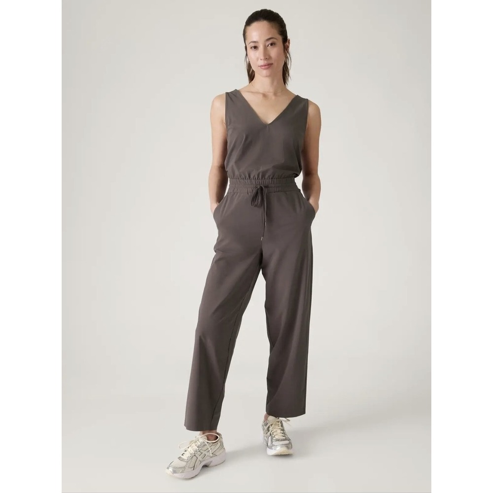 Athleta Avenue Jumpsuit Brown Sleeveless Wide Leg Travel Athleisure Jumpsuit L